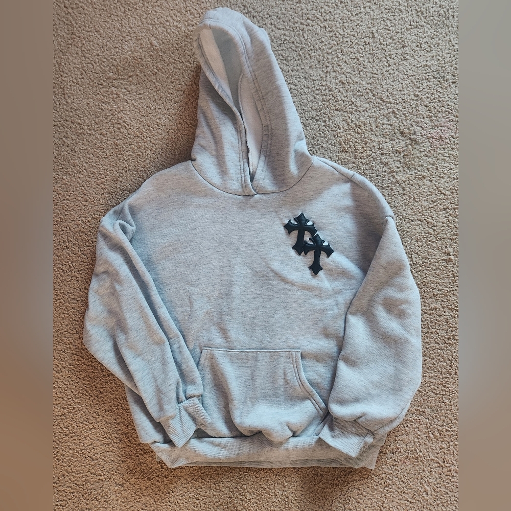 SHEIN Light Gray Hoodie with Black Cross Accents